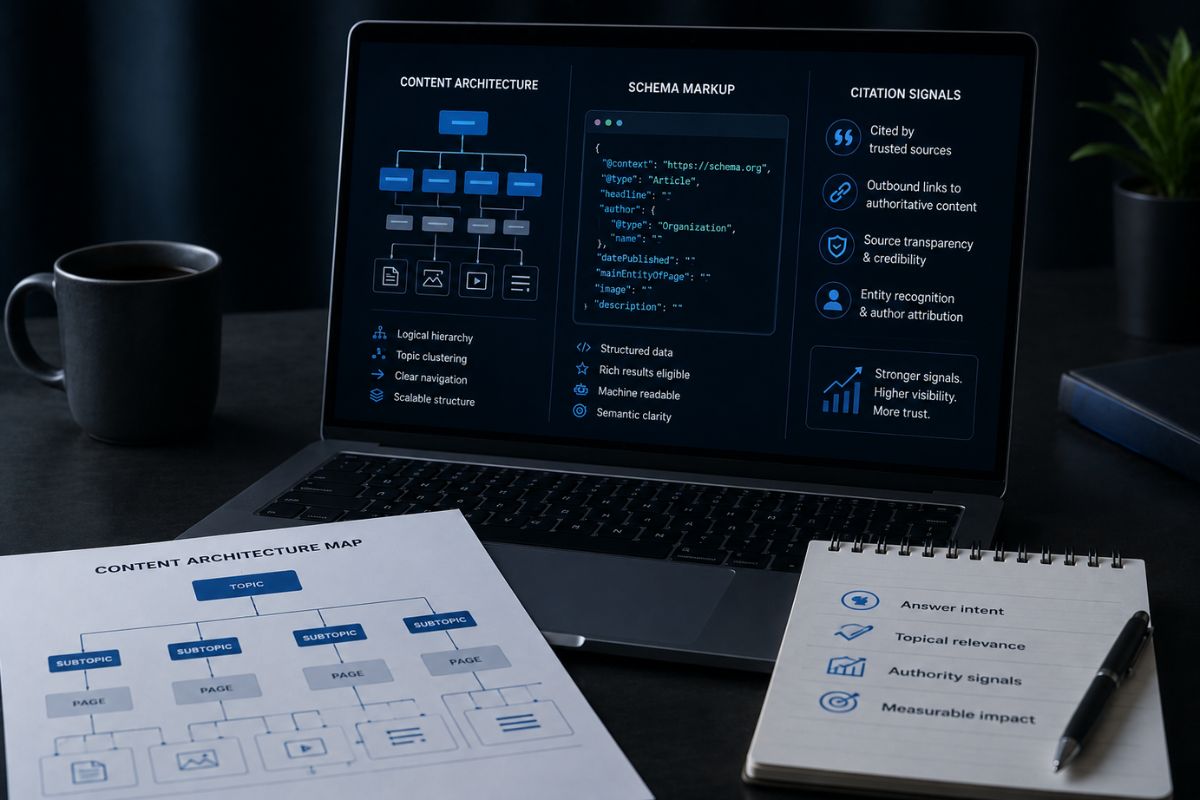 Schema markup AI-ready website architecture and schema markup on a laptop