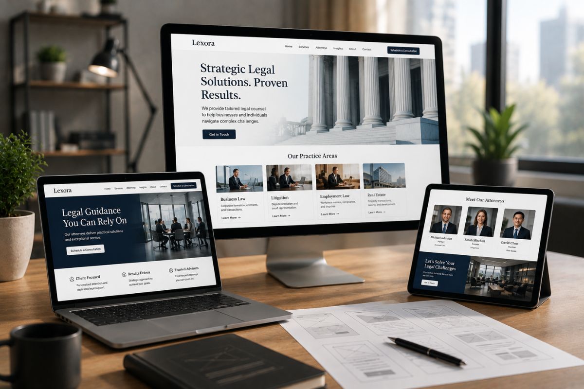 Responsive across devices Responsive website shown across desktop, laptop, and tablet