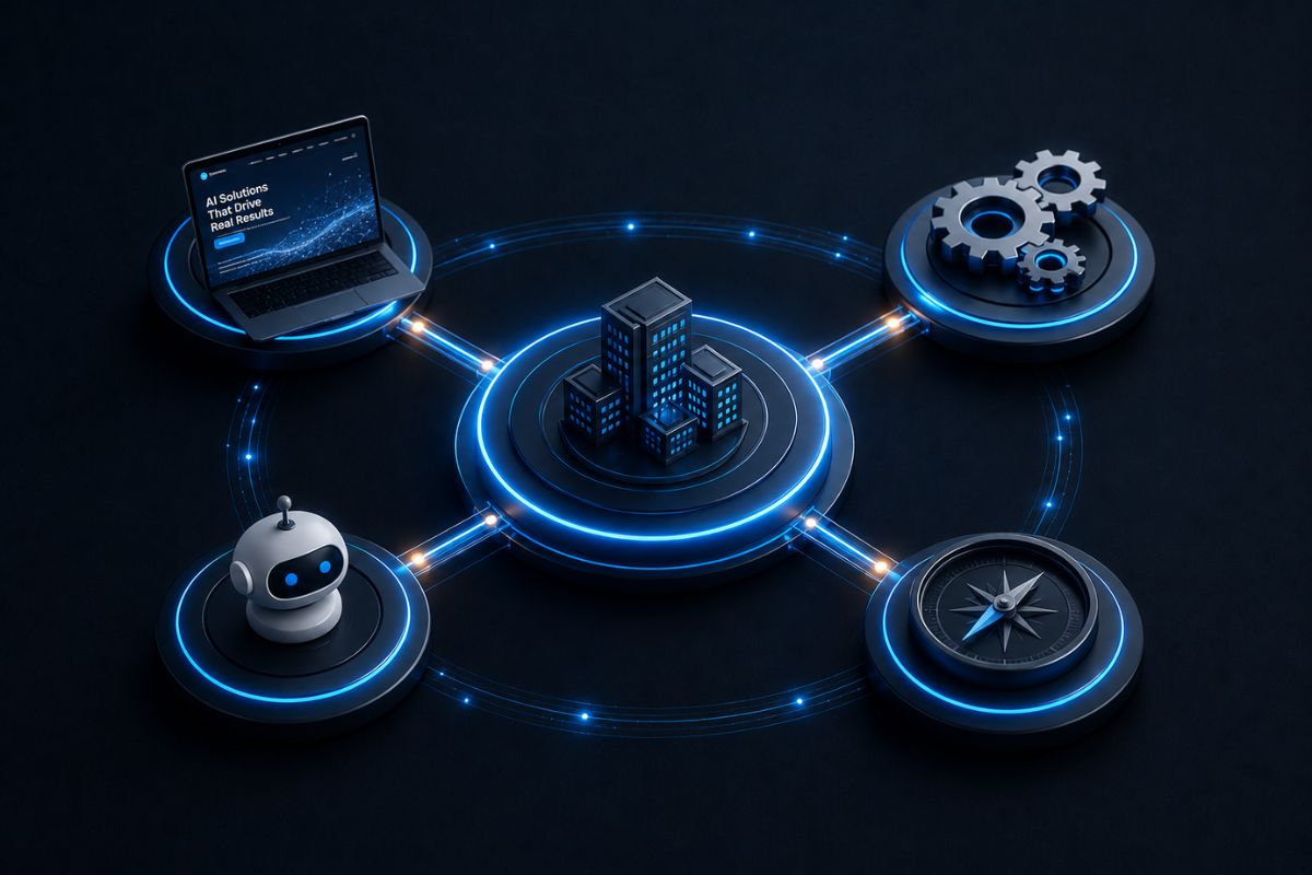 Diagram showing four AI services connected around a central business hub