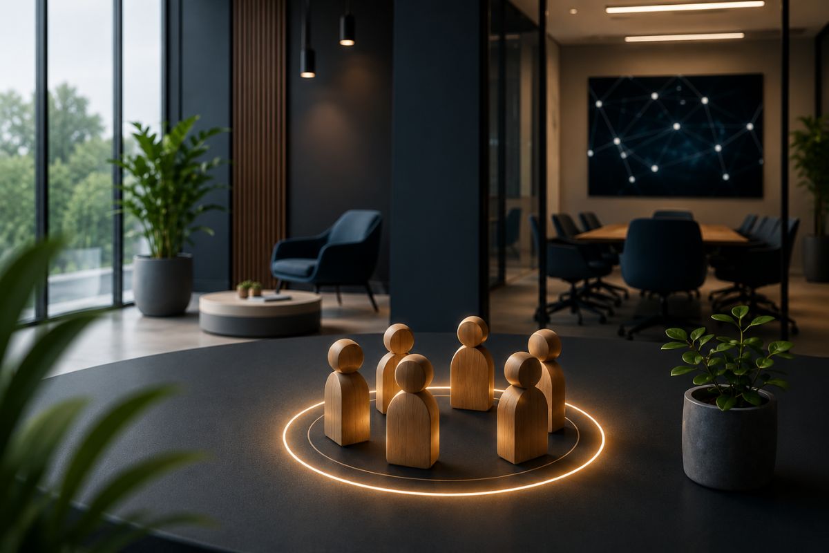 alt: AI implementation firm office with wooden figures grouped in a lit circle